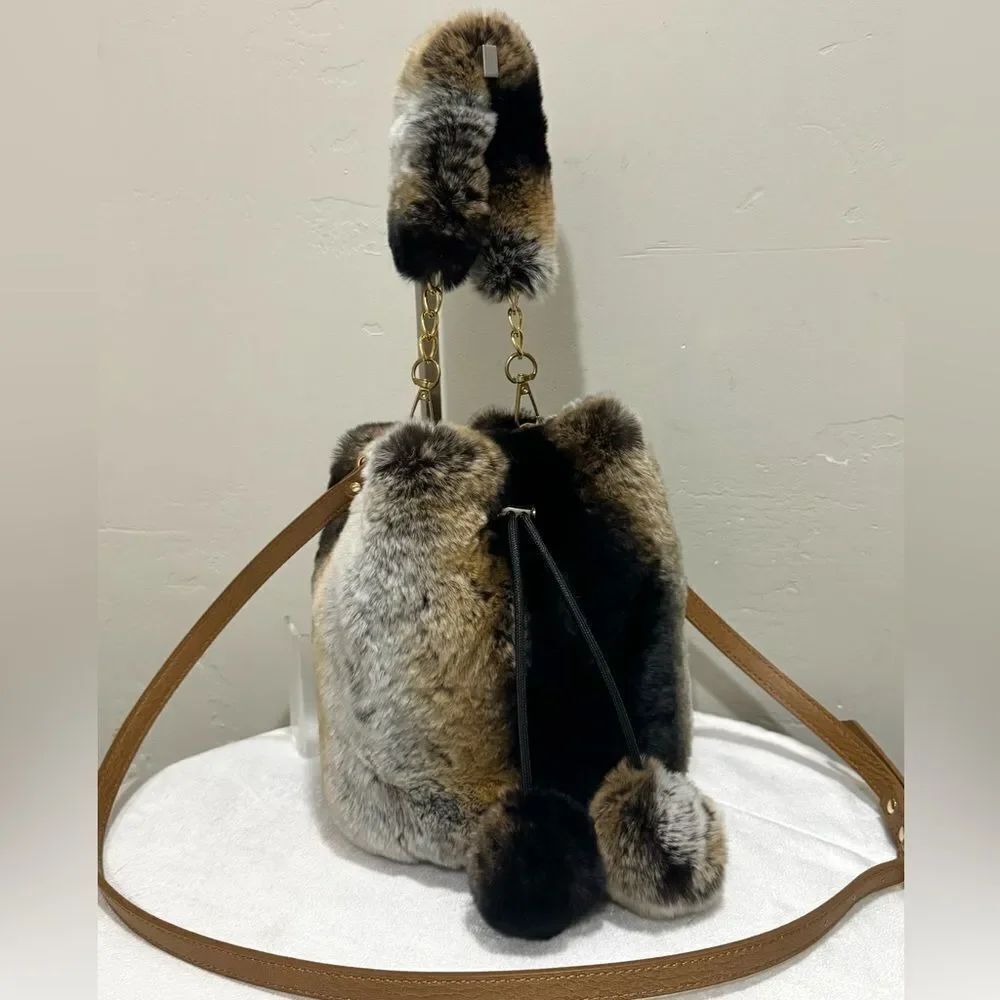 Handmade Real Rex Rabbit Fur Drawstring Bucket Bag, Includes 3 Strap Styles